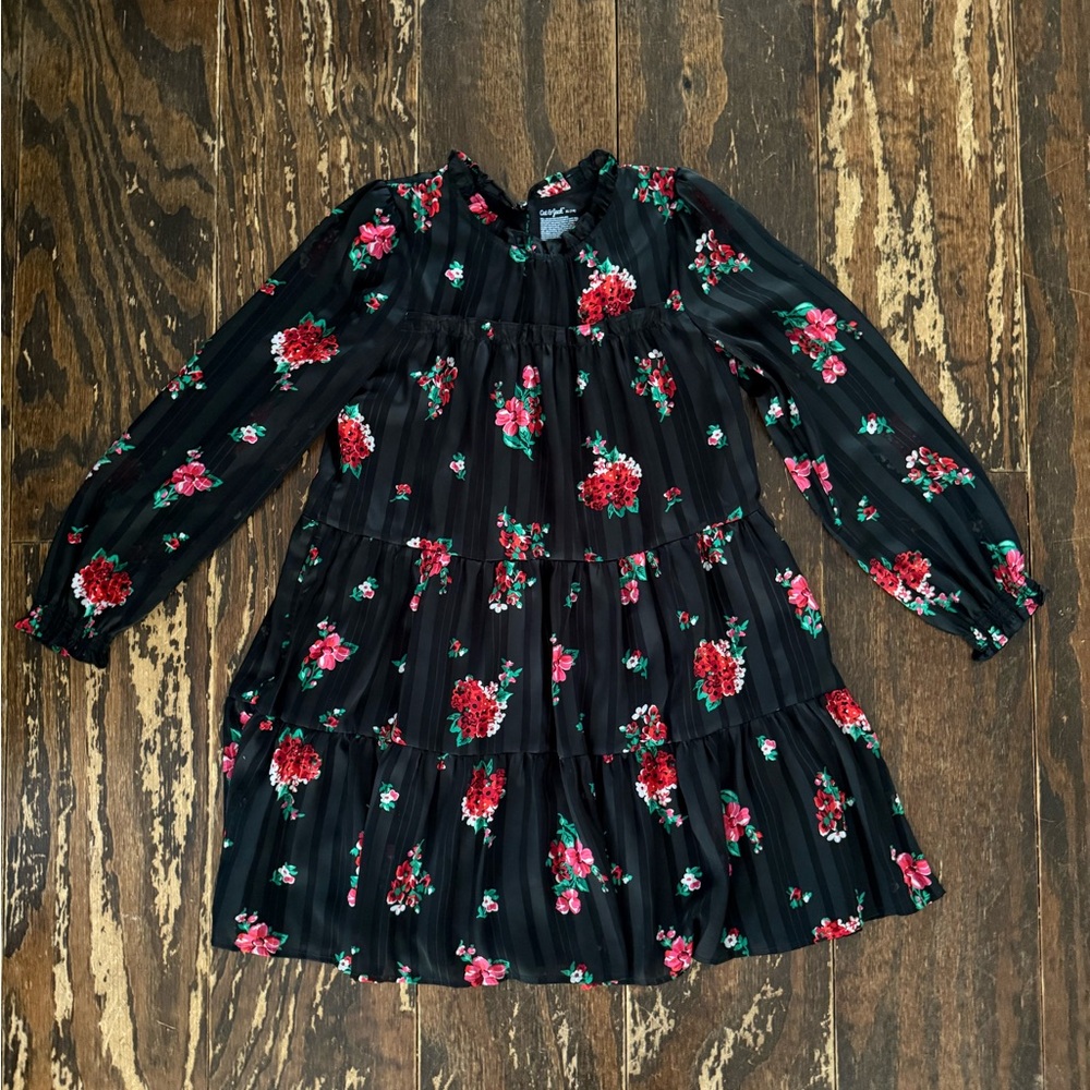 NWOT! Cat & Jacks Girls XL (14) Black Striped Tiered Red Floral Dress